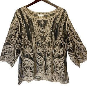 Sheer Black 3/4 Sleeve Blouse w/ Gold Embroidered Paisley Design Bell Sleeves 2X